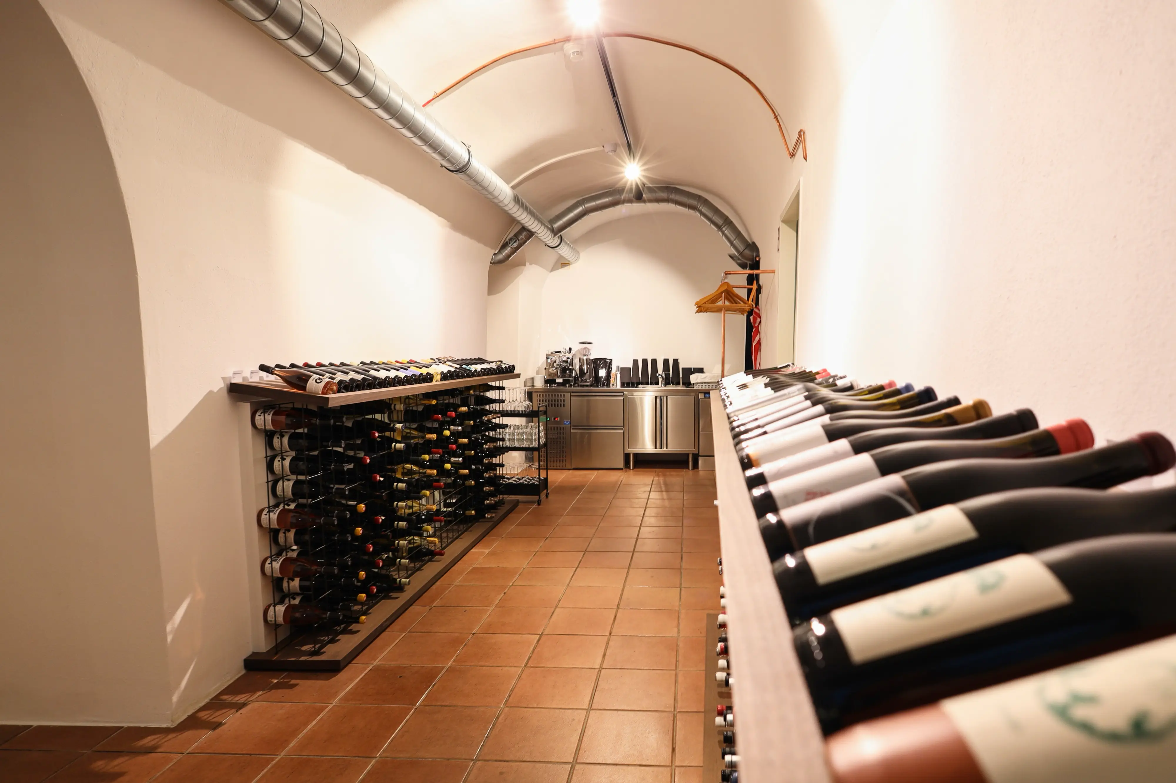 Langer Gewölbekeller mit Weinfässern und Regalen – Eindrucksvoller Weinkeller mit Ziegelboden, langen Regalreihen und einer gemütlichen Atmosphäre.