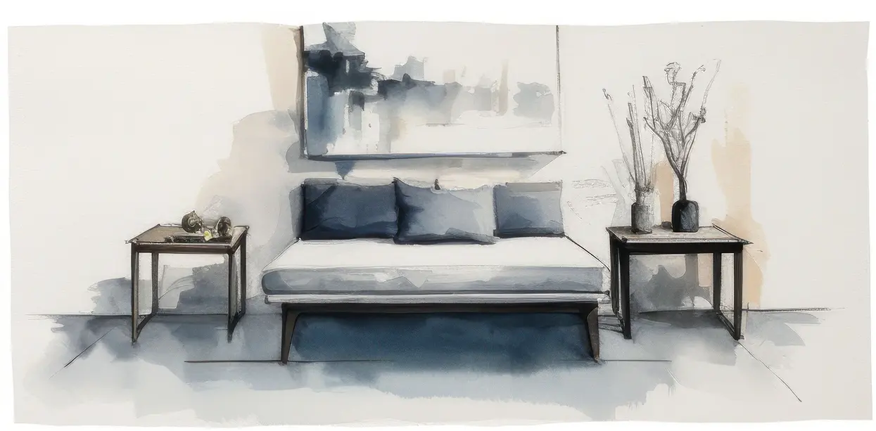 Aquarell-Illustration: Sofa mit Kissen und Beistelltisch