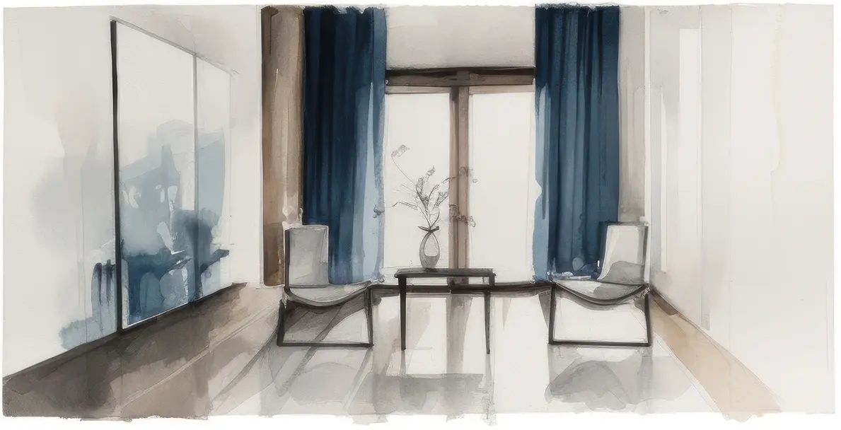 Aquarell-Illustration: Sitzecke mit Vorhängen