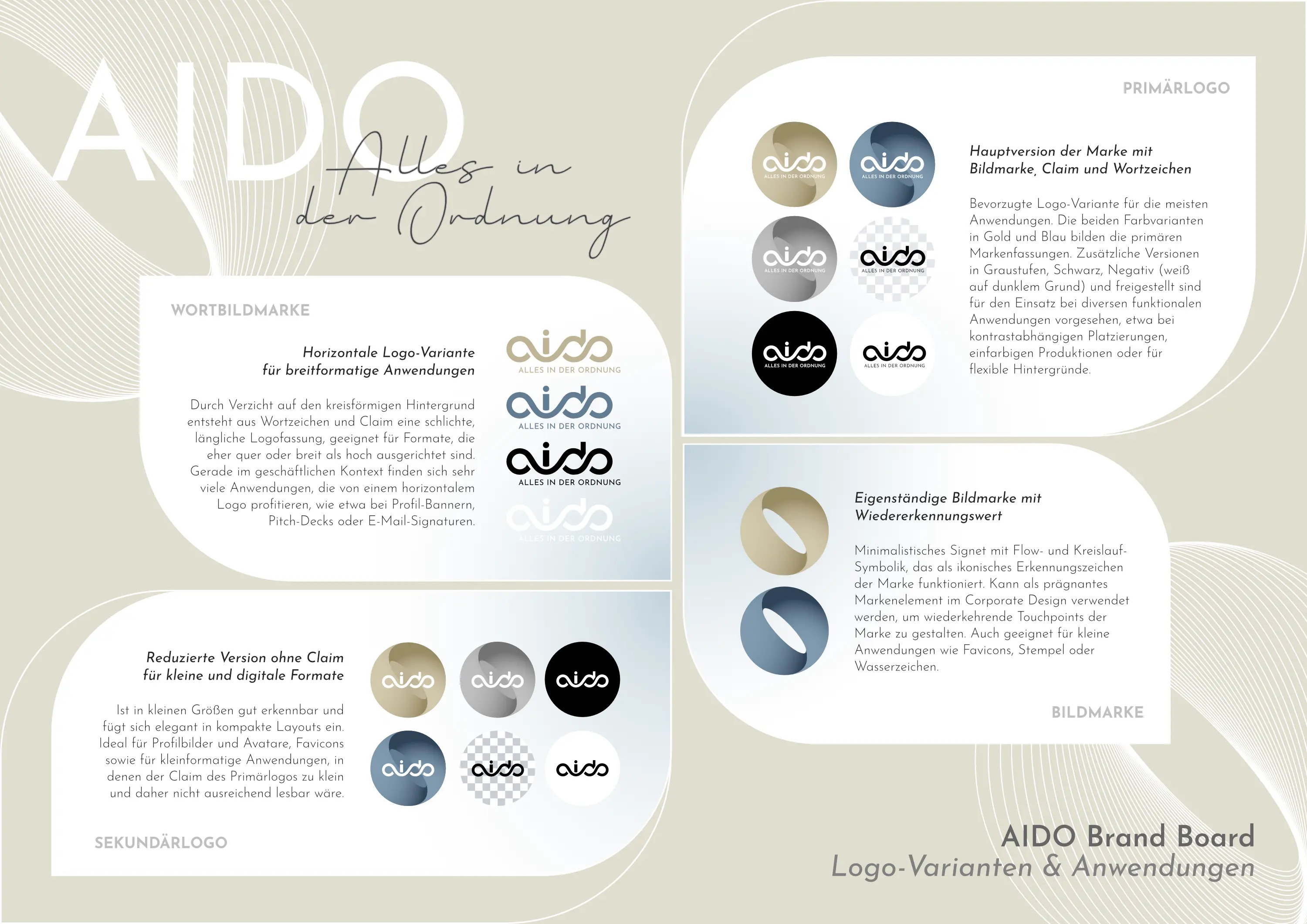 AIDO Brand Board mit Logo-Varianten, Farben und Anwendungsbeispielen